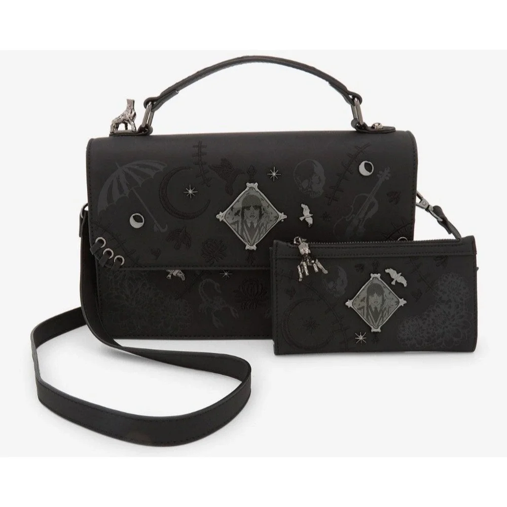 Wednesday Embroidered Icons Crossbody Bag & WALLET Whimsigoth Grunge Steampunk - Picture 1 of 9